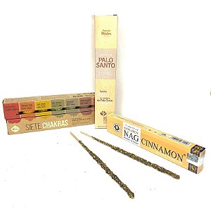 Kit - Duas Bombinhas 7 Chakras + Incenso Palo Santo com Copal + Incenso Golden Cinnamon