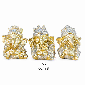 Enfeite Resina Trio Mini Ganesha Com Brilho 5cm