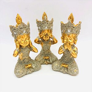 Estátua Buda Resina Não Falo/Vejo/Ouço Prata com Dourado