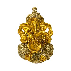 Estátua de Resina Ganesha Dourado Com Turbante Brilho 7cm