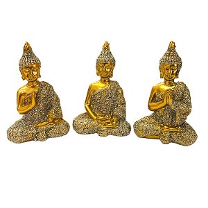 Estátua de Resina Trio de Budas Dourado com Brilho 6cm