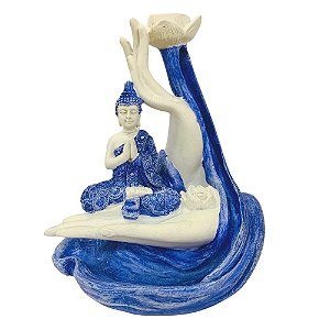 Incensário Cascata Buda Zen Mão Azul/Branco 15cm