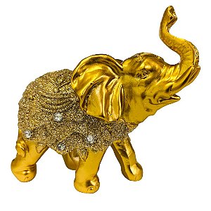 Estátua Elefante em Resina com Brilho Cabeça Dourada 11cm