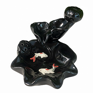 Incensário Cascata Porcelana Preto com Peixes com Brilho **