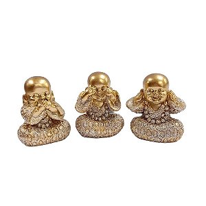 Estátua Resina Trio de Budas Não Falo/Vejo/Escuto Dourado C/ Brilho 4,5cm