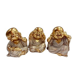 Estátua Resina Buda Não Escuto/Falo/Vejo Dourado com Brilho Prata 8CM