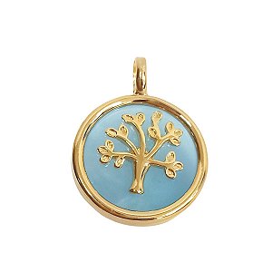 Pingente Folheado a Ouro Pedra Ágata Azul Céu - Árvore da Vida