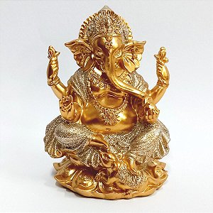 Estátua Ganesha em Resina Dourado Com Brilho 14cm