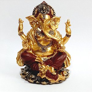 Estátua Ganesha em Resina Dourado Com Vermelho 14cm