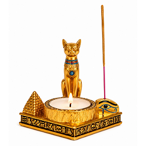 Porta Vela/Incensário Dourado Gata Bastet em Resina 8cm