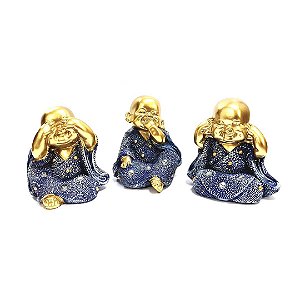 Estátua Trio de Budas Não Falo/Vejo/Escuto Dourado Roupa Azul 8cm