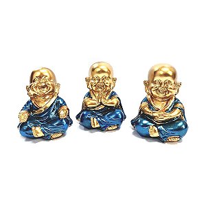 Estátua Trio de Budas Gratidão/Coragem/Sabedoria Roupa Azul Metálico 8cm