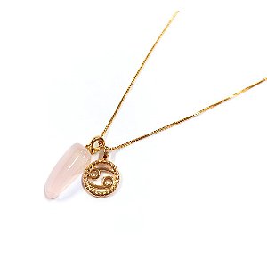 Colar do Signo Câncer Banhado a Ouro - Quartzo Rosa