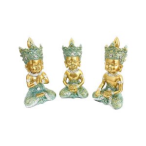 Estátua Resina Trio de Budas Verde e Dourado - 12cm
