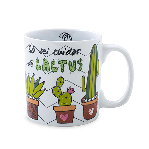 Caneca Porcelana 320 ml - Só Sei Cuidar de Cactus