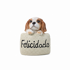Enfeite Resina Cachorro Palavra Felicidade com 11cm