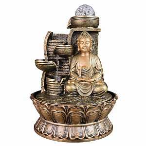 Fonte de Água Musical em Resina Buda Dourado Muro 4 Quedas M - 32598