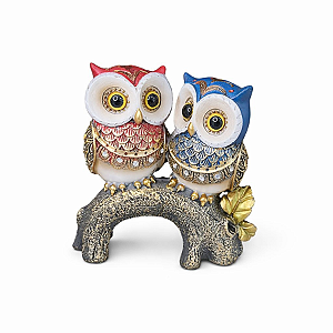 Estátua em Resina Corujas Vermelha e Azul 13cm