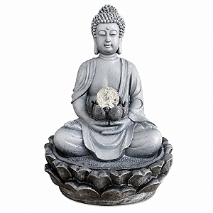 Fonte de Água Resina Buda Meditando Cinza Com Bola 1 Queda G - 25072