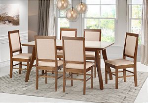 CONJUNTO MESA MILENA COM VIDRO + SEIS CADEIRAS CAMILA