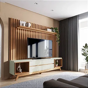 Painel 228cm + Rack 220cm c/ 2 gavetas - off white freijó - dalla costa