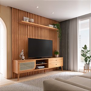 Painel 228cm c/ 1 prateleira + Rack tela natural 220cm c/ 2 gavetas e porta de correr