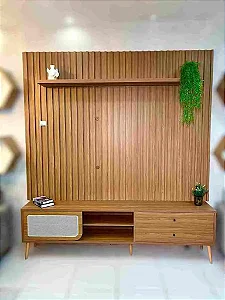 Painel 228cm + Rack tela sintética 220cm c/ 2 gavetas e 1 porta de correr - freijó - dalla costa