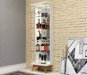 Cristaleira retro espelhada c/ 1 porta vidro e LED – off white/freijó - dalla costa