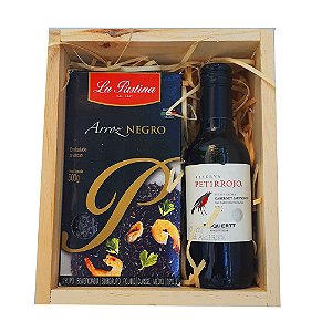 Kit Arroz Negro Italiano + Vinho Chileno Petirrojo  Em Caixa De Madeira