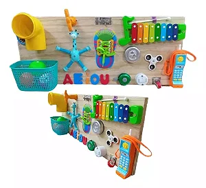 Painel Sensorial Autismo Atividades Montessori Educativo 12 Atividades 30x70cm