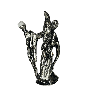 Miniatura de Mago Merlin Cajado com Selenita e Coruja Sabedoria e Conexão com o Sagrado