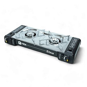 Fogareiro Portátil Horizontal 2 Bocas Etna Aço Inoxidável 63cm Preto Cartucho/Botijão e Controlador Chamas Nautika