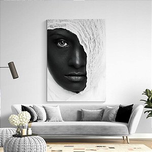 Quadro Decorativo Rosto Mulher Negra Véu Branco Luxo