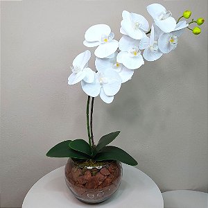 Arranjo de Orquídea Branca de Silicone no vaso de vidro