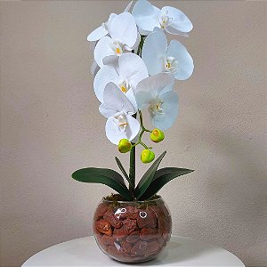 Arranjo de Orquídea Branca de Silicone no vaso de vidro com cascas de madeira