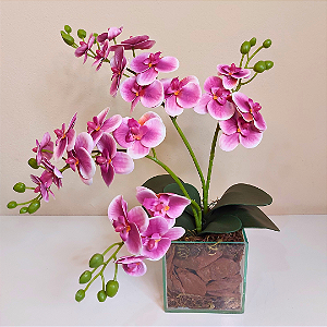 Arranjo de Mini Orquídeas de Silicone no vaso de vidro