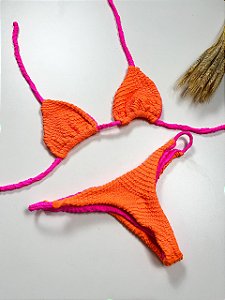Biquíni Safira Laranja Neon Com Rosa Drapeado