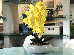 Arranjo Orquídeas Artificiais Amarelas Vaso Fibra Vidro