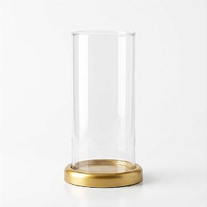 Tubo Vazado Castiçal Porta Velas Vidro 30X14 e Suporte Alumínio Baixo Dourado