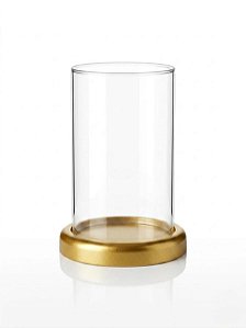 Tubo Vazado Castiçal Porta Velas Vidro 20X11 e Suporte Alumínio Dourado