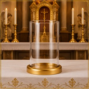 Tubo Vazado Castiçal Porta Velas Vidro 20X11 e Suporte Alumínio Dourado