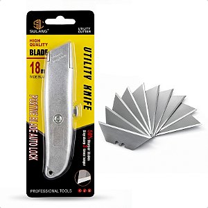 Estilete Metal Trapezoidal 18mm Profissional Com 10 Lâminas KIT
