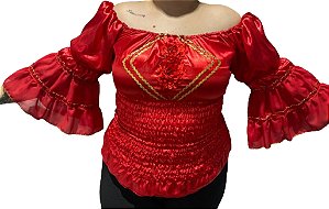 Blusa Estilo Ciganinha com Manga Longa Moda Cigana Vermelho