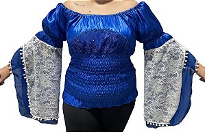 Blusa Estilo Ciganinha com Manga Longa Moda Cigana Azul