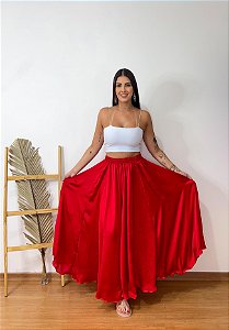 Saia Longa Cigana Modelo Luxo 10 metros de roda Vermelho Detalhes em Fita