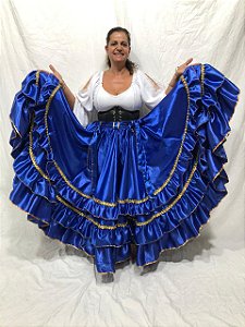 Saia Cigana Azul Royal com 3 Babados com 12 metros de roda
