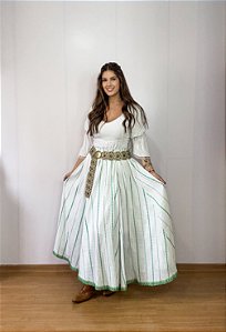 Saia longa boho chic estilo com 10 metros de roda Branco e Verde