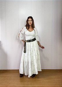 Saia longa boho chic estilo com 10 metros de roda Branco e Prata