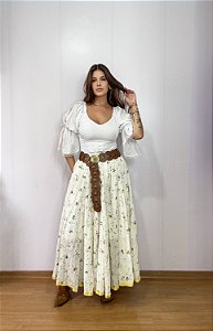 Saia longa boho chic estilo com 10 metros de roda Branco e Preto