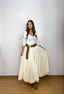 Saia longa boho chic estilo com 10 metros de roda Branco e Amarelo